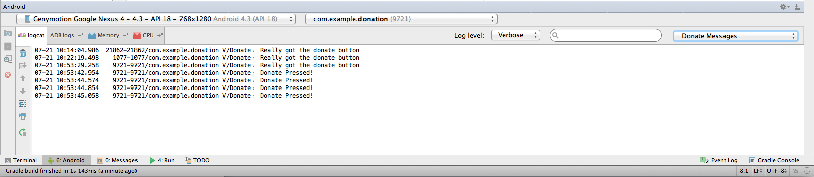Figure 1: LogCat message generated on Donation button press