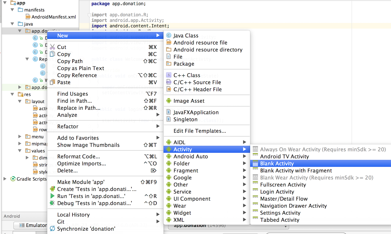 Figure 1: Select activities folder & from context menu activate activity creation wizard