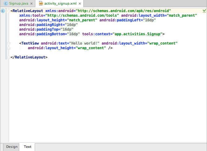 Figure 4: Text view of new file activity_signup.xml