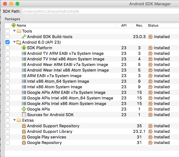 Figure 10: Android SDK Manager showing installed tools, adk and extras