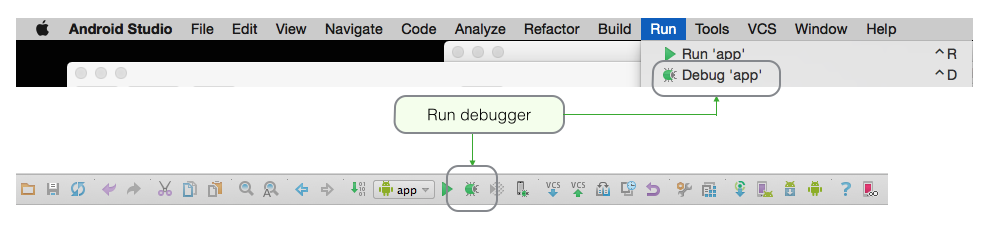 Figure 5: Run app using debugger from menu or using toolbar
