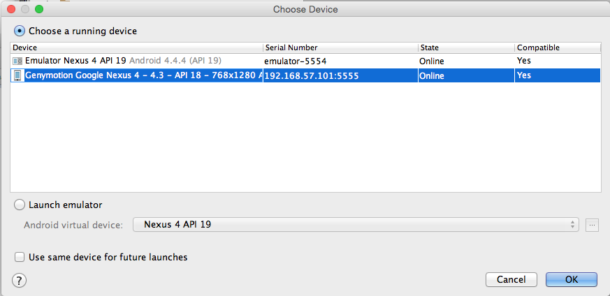 Figure 4: Android Device Chooser - Select emulator on which to run app