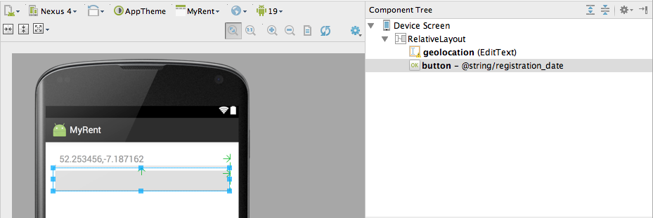 Figure 1: Drag and drop button onto MyRent canvas and manually resize