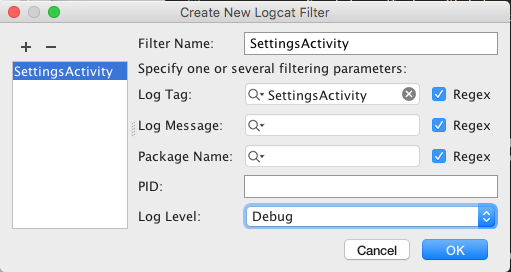 Figure 3: logcat filter for Settings