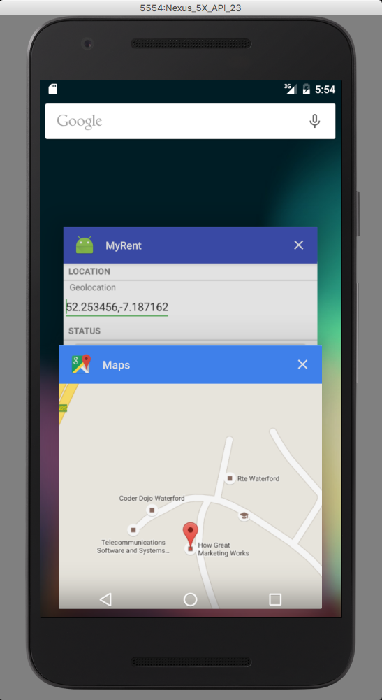 Figure 2: Google Maps app in foreground launched by MyRent (background)