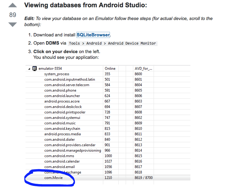 Figure 2: Viewing Android Studio generated database