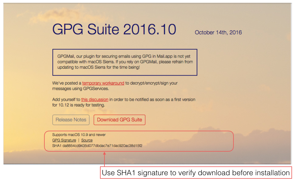 Figure 4: GPG Suite - use SHA1 signature to verify download before installation